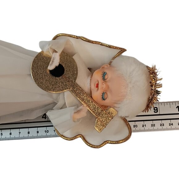 Vintage Cardboard Angel Tree Topper Playing Guitar Mandolin White Gold 9" X 4" - Picture 10 of 11